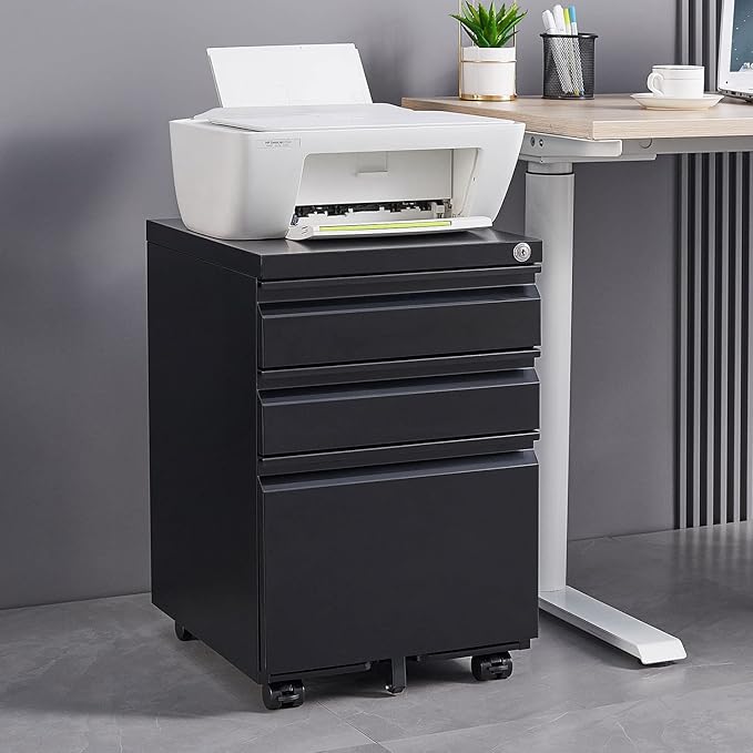 3-Drawer Mobile File Cabinets Black File Cabinet Under Desk Metal Filing Cabinet Rolling Metal Filing Cabinet for Legal and Letter Files with Anti-Tilt Design with Locking Fully Assembled (Black)