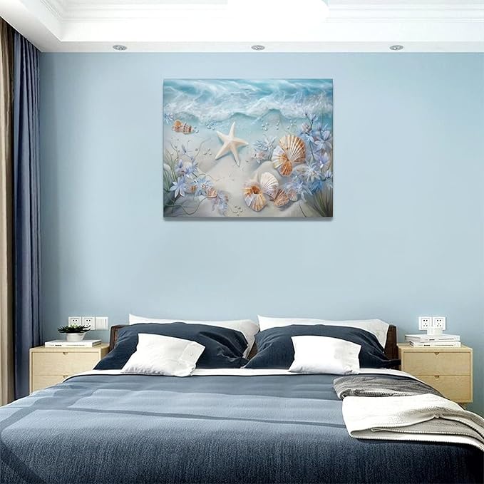 yerretin Beach Seashell Bathroom Wall Art Coastal Starfish Pictures Wall Decor Modern Home Canvas Painting Decorations Artwork for Living Room Bedroom Office Framed, 20"x16"