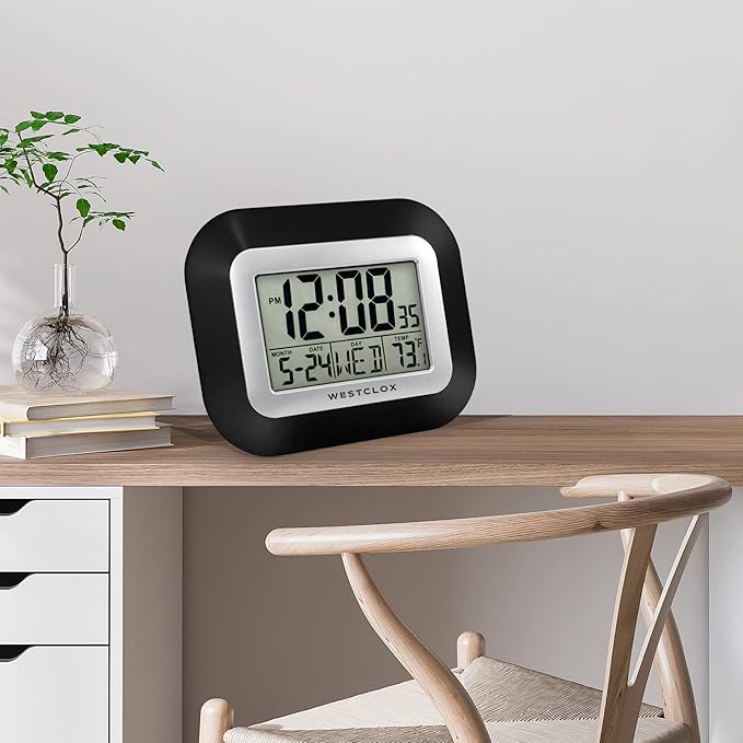 Westclox Large Digital Wall Clock Battery Operated with Temperature Date and Day of Week with Alarm | Modern Digital Desk Clock for Office Kitchen Bedroom or Living Room | Black