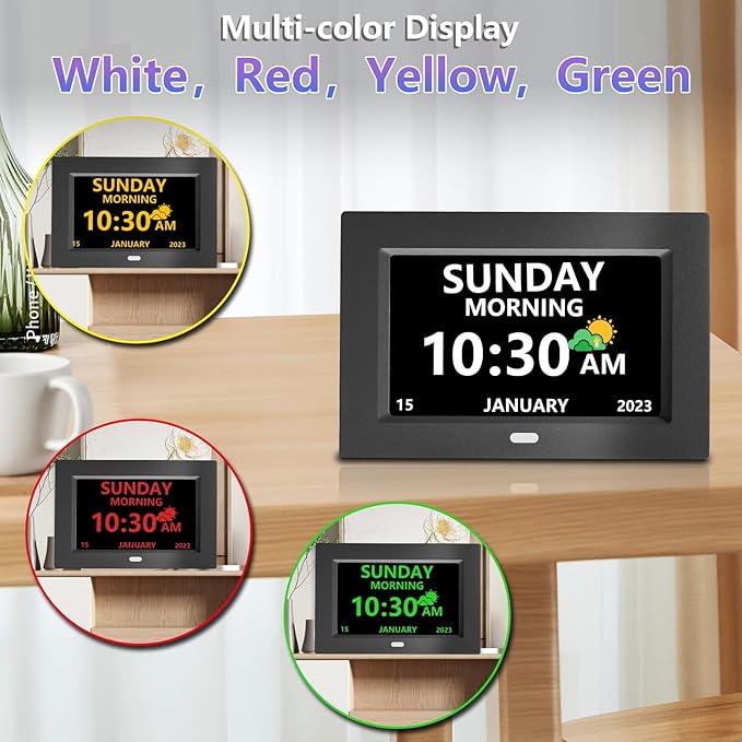 7 Inch Clock with Day and Date for Elderly Large Display Digital Clocks 12 Alarms 3 Display Modes Large Font Alzheimer's Clock Alarm Clocks for Seniors Auto DST Black