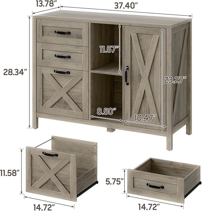 Lateral File Cabinet with 3 Drawers and Door, Farmhouse File Cabinet with Adjustable Shelf for Letter/A4 Size Hanging Files, Printer Stand with Storage Cabinet for Home Office Furniture, Grey