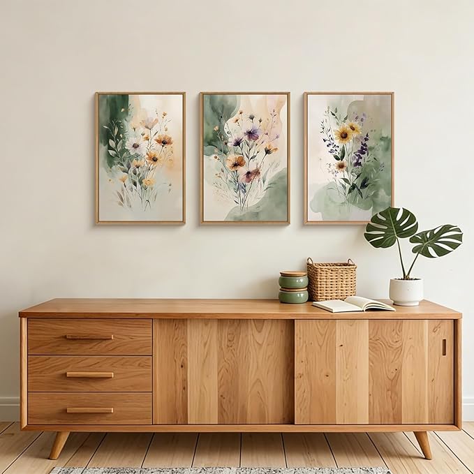Large Vintage Wildflower Framed Canvas Wall Art,Rustic Watercolor Flowers Wall Decor,Boho Botanical Print,Retro Green Floral Artwork for Living Room,Bedroom,Dining Room -16"x24"x3