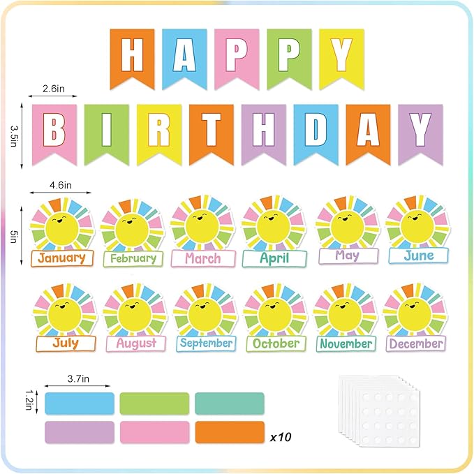 JarThenaAMCS 85Pcs Happy Birthday Bulletin Board Set Colorful Sun Calendar Poster Cartoon Cute Classroom Birthday Chart for Back to School Nursery Wall Decorations