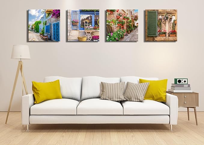 OKEXCKK Tuscan Wall Art Decor, Italy Window View Paintings Nature Landscape Pictures Mediterranean Street Canvas Prints for Bedroom, Living Room, Office Wall Decoration