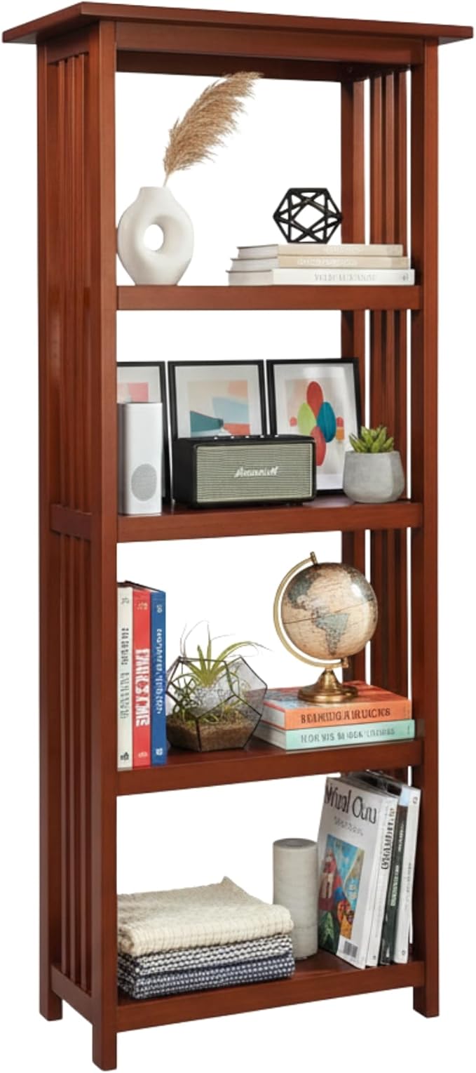 Alaterre Furniture Mission 4-Tier Bookcases with Adjustable Shelves – Mid-century Modern 60-Inch Wood Bookshelf for Living Room, Bedroom or Home Office (Cherry)