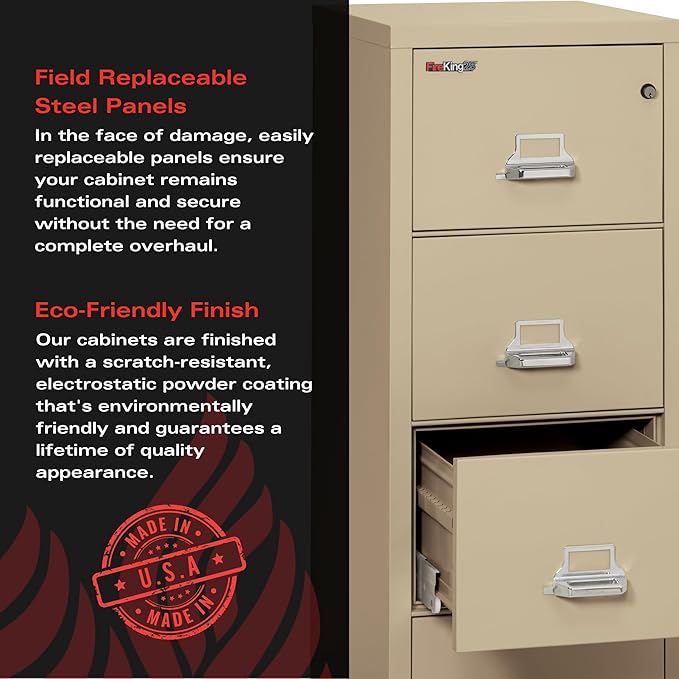 Fireproof Vertical File Cabinet, 4 Legal Sized Drawers, 52.25in H x 20.81in W x 25.06in D, Made in The USA
