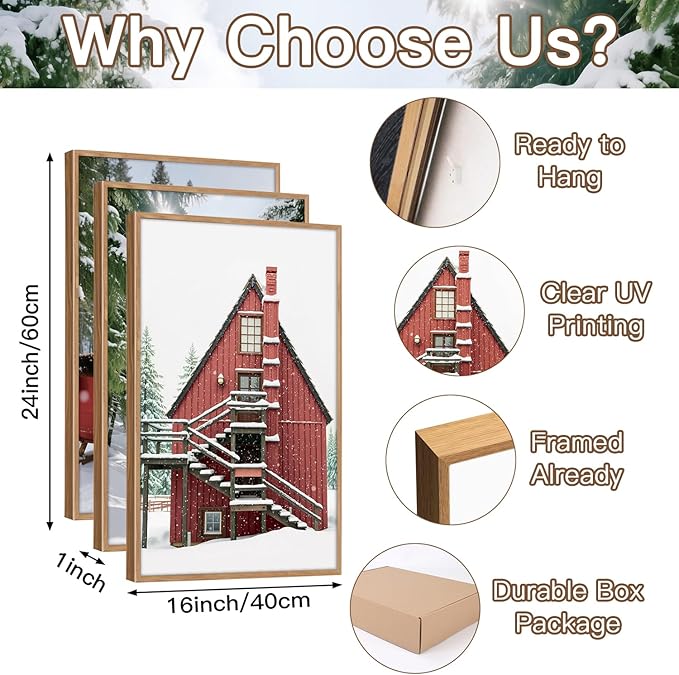 CHDITB Christmas Framed Canvas Wall Art(16"x24"), 3 Panels Farmhouse Winter Snow Forest Landscape Artwork Prints, Large Rustic Reindeer Sleigh Cabin Cottage Decor for Home Office Bedroom