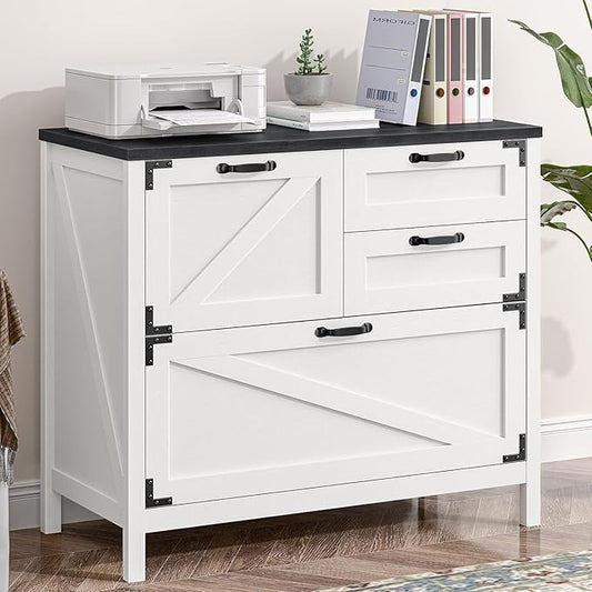 Vabches 4-Drawer Wood Lateral File Cabinet for Hanging Files Letter/A4/Legal Size, Large Farmhouse File Cabinets for Home Office, Printer Stand with Office Cabinet, White and Black