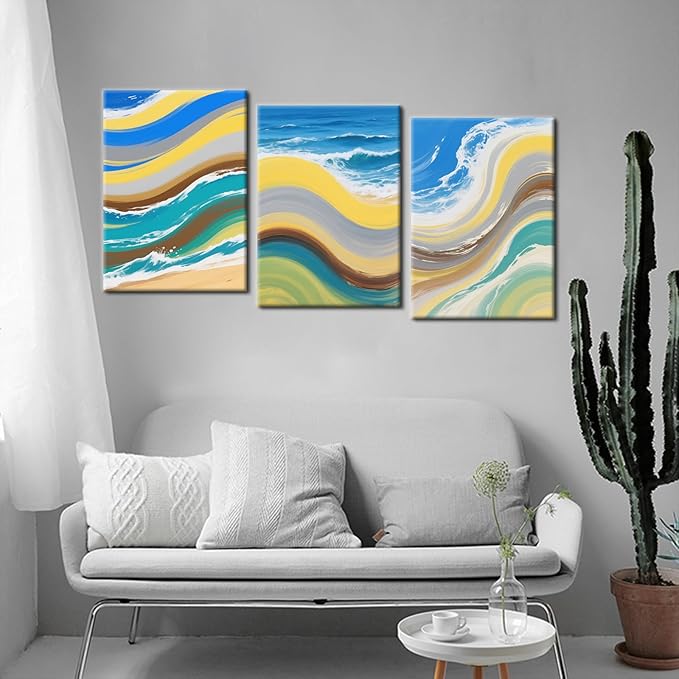 Colorful Sandy Beaches Wall Art Ocean Graffiti Poster Print Abstract Watercolor Aesthetic Picture Painting for Home Office Parlour Kitchen Wall Decor Artwork Decorative Ready to Hang [60''Wx28''H]