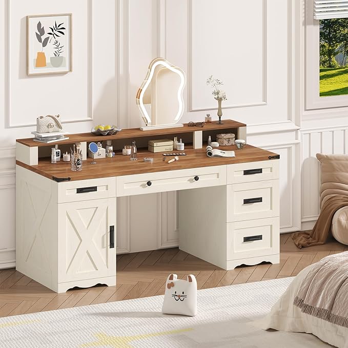 Farmhouse Executive Desk with Drawers & Storage Shelves, 55" Computer Desk with Power Outlets, Home Office Desk with Monitor Stand & File Drawers, Writing Study Table, Antique White