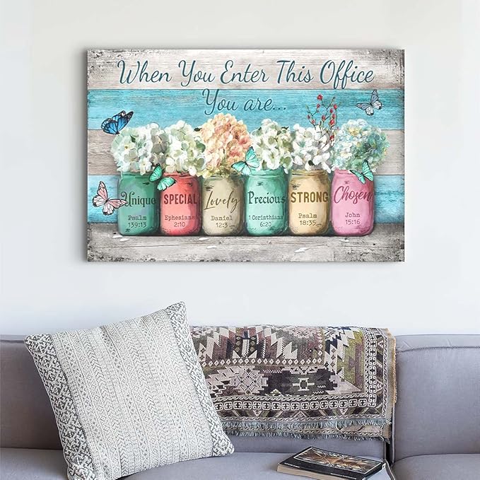 Parylore Inspirational Wall Art for Office Canvas Print Wall Decor, When You Enter This Office Painting, Marson Jars With Butterflies Picture Framed Modern Artwork for Office Home Decor 12x16 In