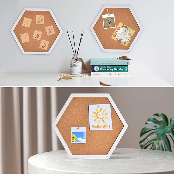 AkTop Cork Bulletin Board Hexagon 4 Pack, Small Framed Corkboard Tiles for Wall, Thick Decorative Display Boards for Home Office Decor, School Message Board with 16 Push Pin Wood Clips, White