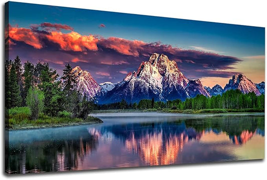 Sunset Landscape Canvas Wall Art for Living Room Grand Teton Wyoming National Park Picture Wall Decor Snake River Mountain Forest Nautre Prints Artwork Bedroom Bathroom Office Home Decor 20" X 40"