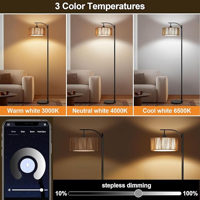 Boho Arc Floor Lamp for Living Room, Rattan Floor Lamp with Remote Control, Dimmable RGB LED Floor Lamps, Bohemian Black Standing Lamp Tall Lamp for Bedroom Office
