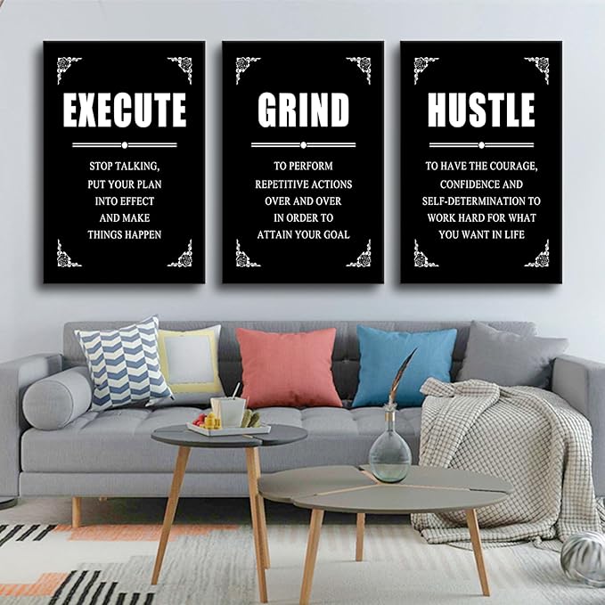3 Pieces Inspirational Canvas Wall Art Entrepreneur Positive Quotes Poster Print Execute Grind Hustle Motivational Office Wall Decor Suitable for Bedroom Classroom Stretched and Framed [72''Wx 36''H]