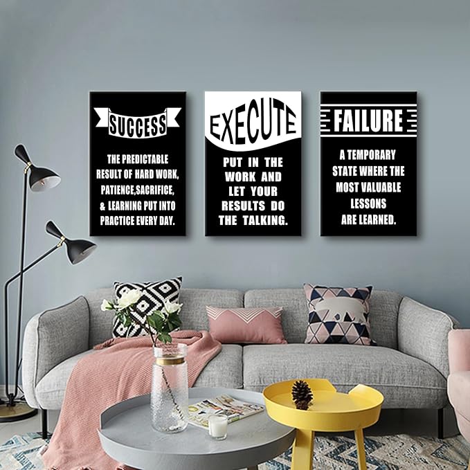 Motivational Wall Art 3 Pieces Success Signs Inspirational Quotes Picture Painting Execute Failure Success Posters Print for Home Living Room Office Artwork Stretched and Framed [72''Wx36''H]