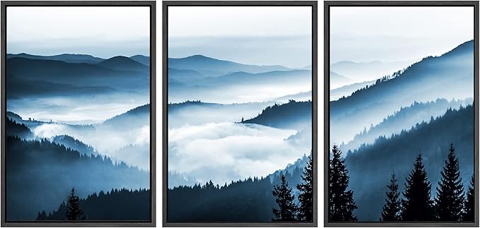 SIGNWIN Framed Canvas Print Wall Art Set Misty Blue Duotone Mountain Range Forest Nature Wilderness Photography Modern Decorative Colorful Rustic for Living Room, Bedroom, Office - 24"x36"x3 Black