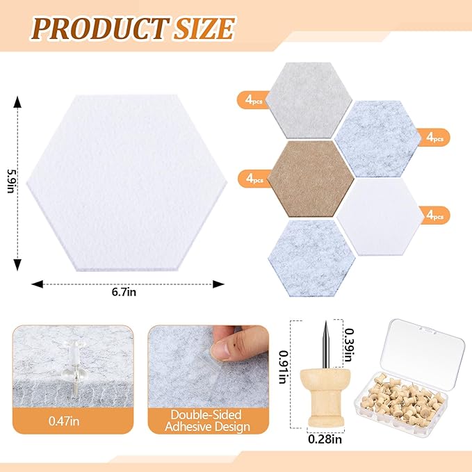 16 Pcs Hexagon Cork Board for Walls with 50 Wooden Push Pins 6.7 x 5.9 in Felt DIY Tiles Notice with Nano Tape Hanging Bulletin Board for Home Photo Office Memo Note(Light Camel)