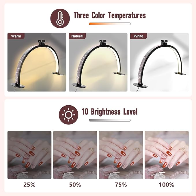 Half Moon Light for Nail Desk with Phone Holder, 29IN Folding Half-Moon Light with Shinning Diamond, LED Lamp for Nail Art, Eyelash Extension, Tattooing, Skin Management, Color Temperature 3000-6500K