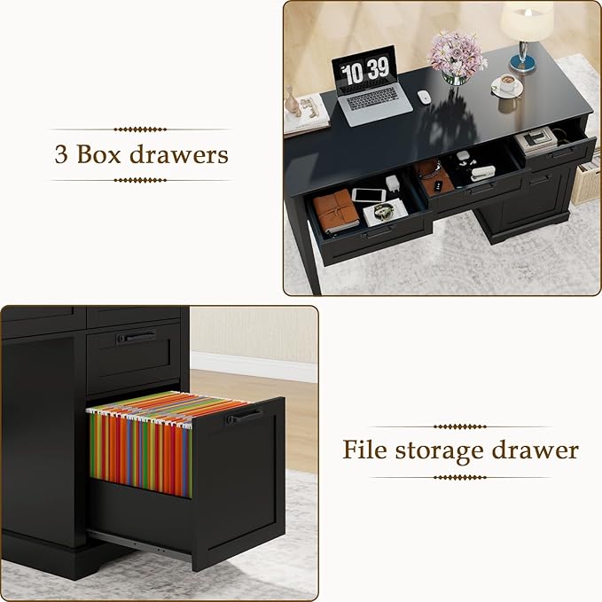 Vabches 55" Farmhouse Home Office Desk with File Drawer, Executive Computer Desk with 4 Storage Drawers, Rustic Computer Desk for Working, Studying, Writing, Black