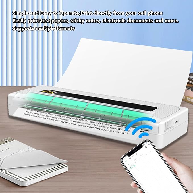 Inkless Portable Printer for Travel, Thermal Printer with 1 Rolls of Thermal Paper Kit Supports 2.24 inch, 3.15 inch, 4.41 inch, A4, 8.5 inch x 11 inch Letter Size for Office, Car