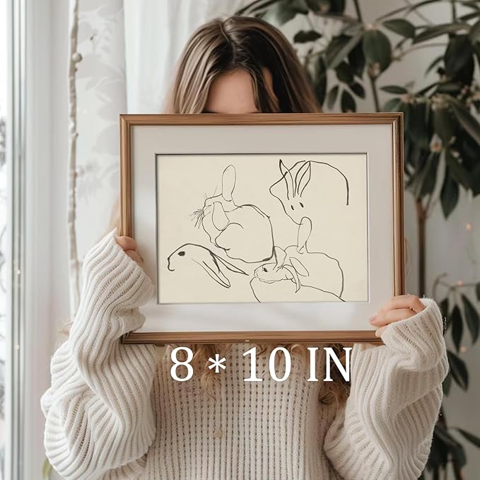 uniro Abstract Easter Bunnies Wall Art Decor, Animal Rabbit Drawing Etching Rustic Picture, Vintage Farmhouse Decor Bunny Sketch Drawing, Minimalist Mid Century Country Room Decor (8" x 10"-UNFRAMED)