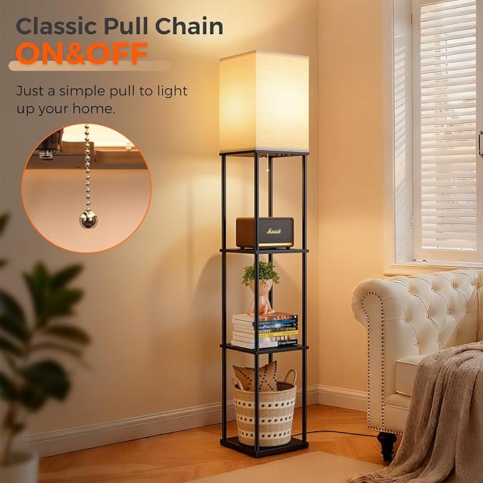 FOLKSMATE Floor Lamp with Shelves, 3-Tier Modern Square Bookshelf Floor Lamp, 3 Color Temperature Bulb Included, Black Floor Lamps for Living Room Bedroom Corner