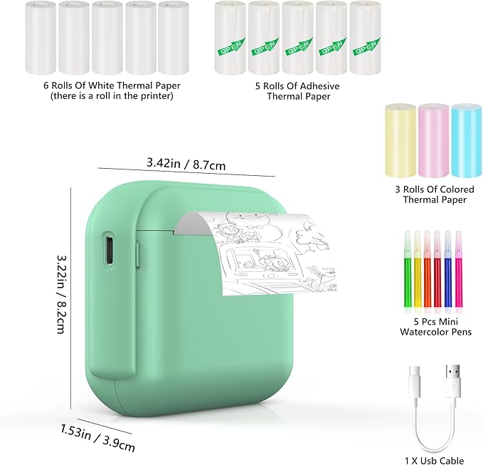 Print Pods Mini Sticker Printer Machine, Portable Bluetooth Thermal Printer with 13 Rolls Paper, Sticker Maker for Kids, Impresora Portátil for Notes, Journal, DIY, Gift, Home, School, Office