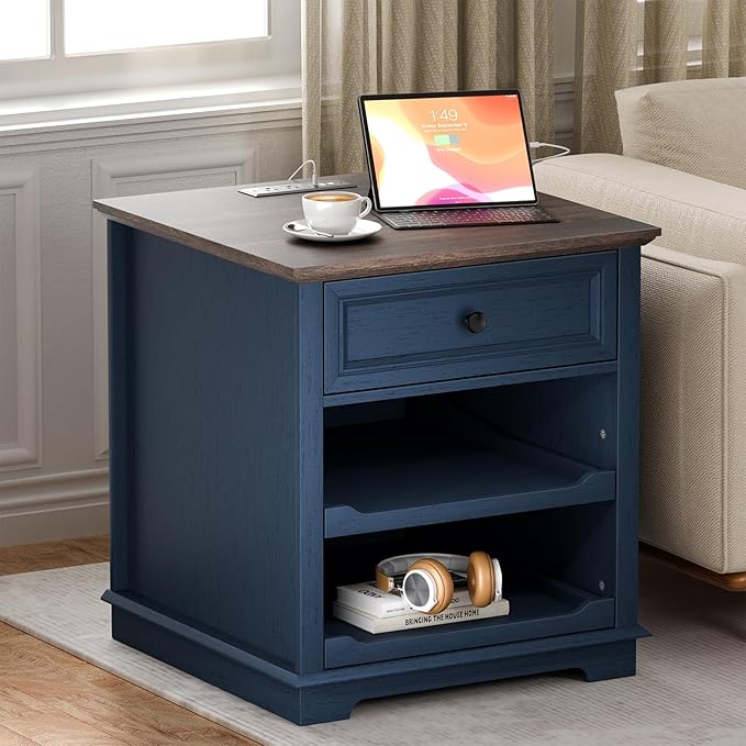 Lateral File Cabinet 3 Drawer File Cabinet with Charging Station, Printer Stand with Open Adjustable Storage Shelves, Lateral Filing Cabinet for Home Office, Blue