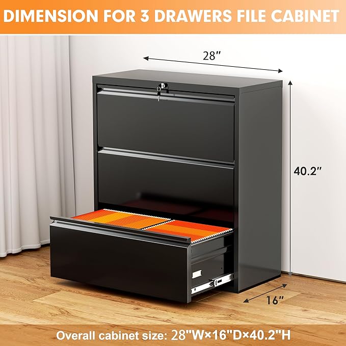 INTERGREAT 3 Drawer Lateral File Cabinet with Lock, 28" W Lateral Filing Cabinet for Legal/Letter A4 Size, Locking File Cabinets for Home Office, Assembly Require, Black