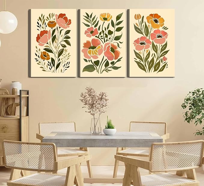 SFXYRTAH 3Pcs Boho Floral Canvas Wall Art Abstract Botanical Flower Prints Minimalist Plant Artwork for Living Room Bedroom Office Home Decor (16x24in canvas)