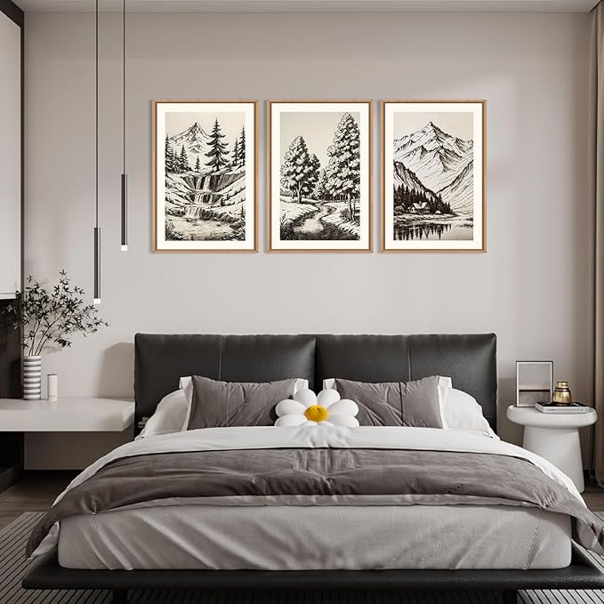 HOURIA Vintage Sketch Pine Tree Mountain Framed Canvas Wall Art Set,Moody Retro Antique Wilderness Botanical Ridge Decor,Modern Natural Black White Artwork for Living Room,Bedroom,Farmhouse- 24"x36"x3