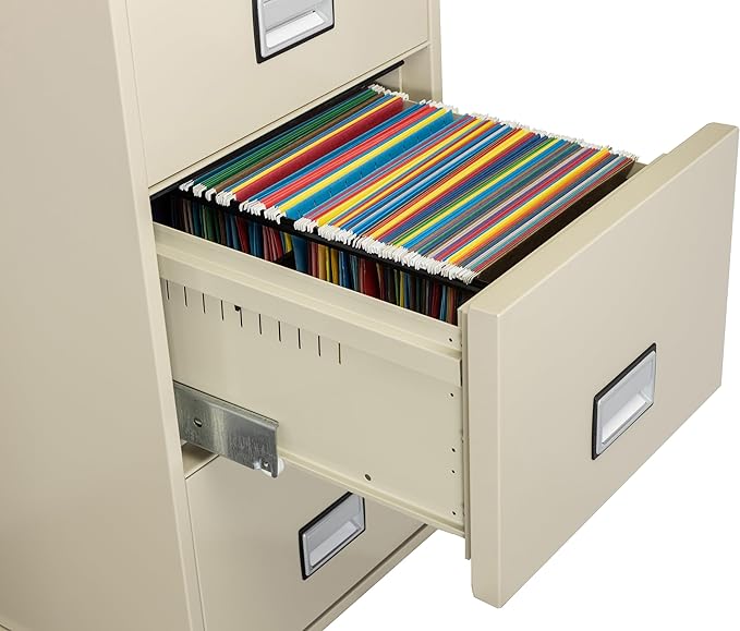 25 inch 4-Drawer Vertical Fireproof File Cabinet – Legal and Letter Size Filing – Key Lock – Water Resistant Seal – Fire and Impact Rated – Putty Finish – Model LGL4W25P