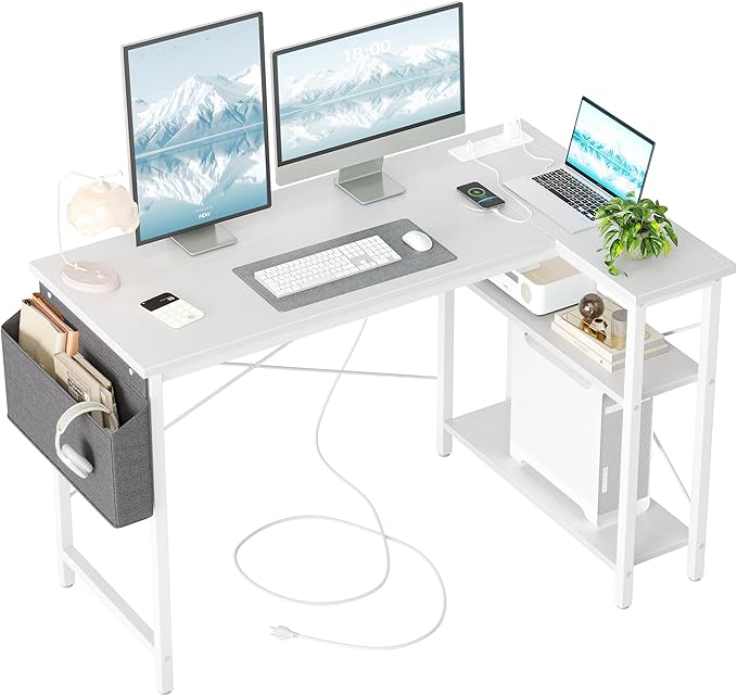 TIQLAB L Shaped Computer Desk with Power Outlets, 47 Inch Small Corner Desk with Reversible Shelves, Gaming Desk Computer Table Study Writing Desk for Home Office Small Space, White