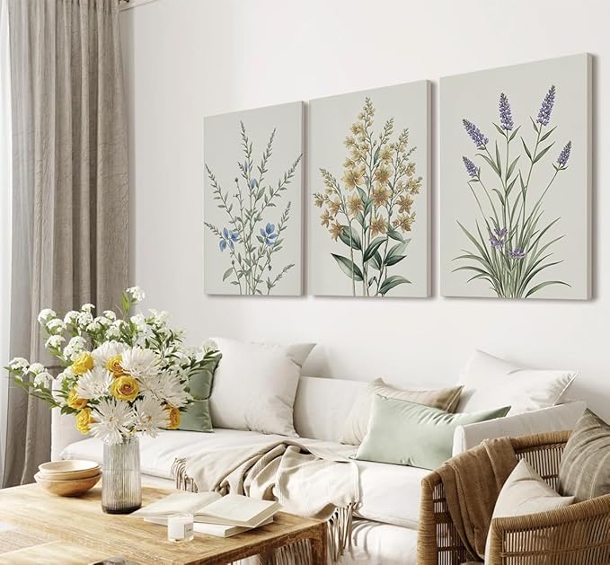 TUEASKY 3 Piece Canvas Wall Art Wildflower Wall Decor Botanical Pictures Floral Paintings Watercolor Prints Minimalist Artwork for Bedroom Bathroom Living Room