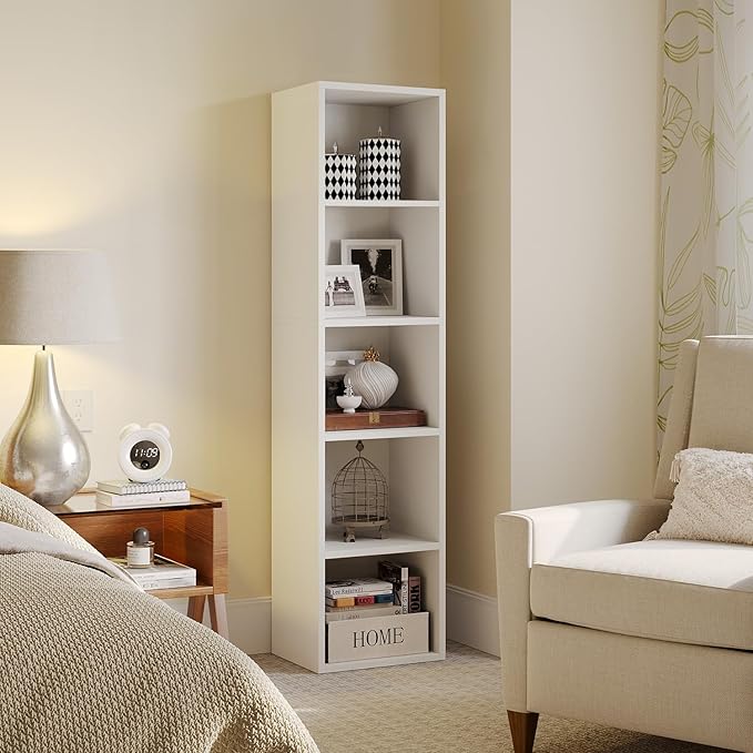 MXV Narrow Bookshelf, 5-Tier Open Bookcase, Coner Shelf, Storage Shelves, Display Storage Shelves, Floor Standing Unit, Home Decor, Furniture for Home Office, Living Room, Bedroom, White
