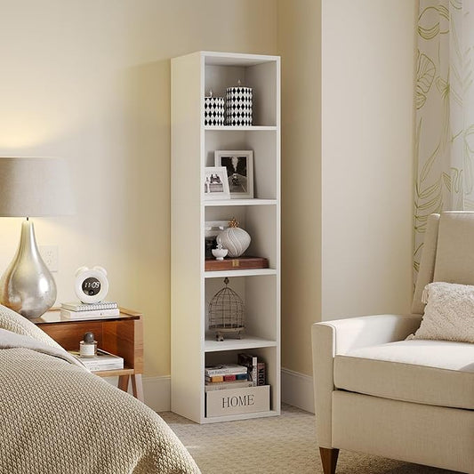 MXV Narrow Bookshelf, 5-Tier Open Bookcase, Coner Shelf, Storage Shelves, Display Storage Shelves, Floor Standing Unit, Home Decor, Furniture for Home Office, Living Room, Bedroom, White