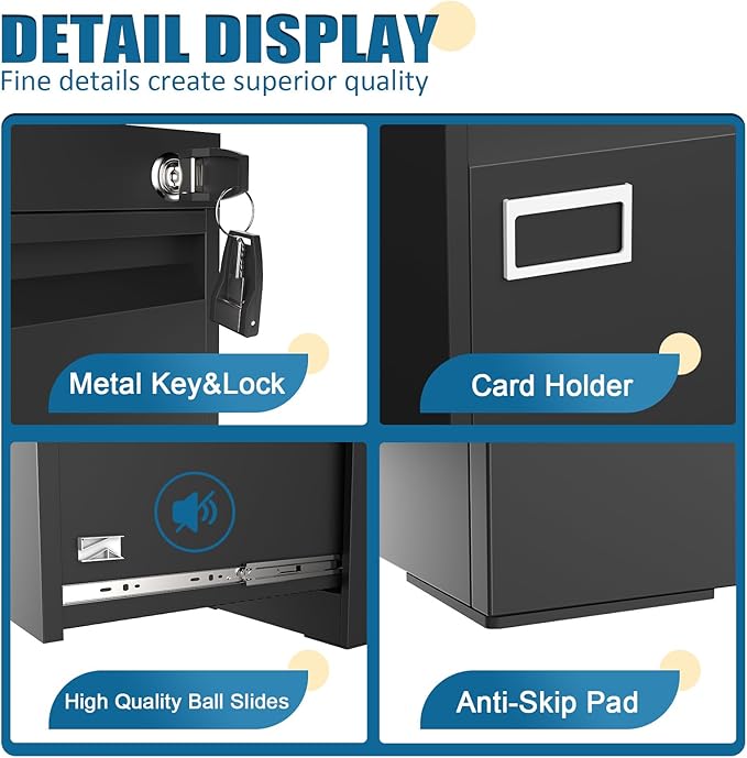 2 Drawer File Cabinet with Lock, Metal Small File Cabinet, Black Filing Cabinets for Home Office, Vertical File Cabinets Locked