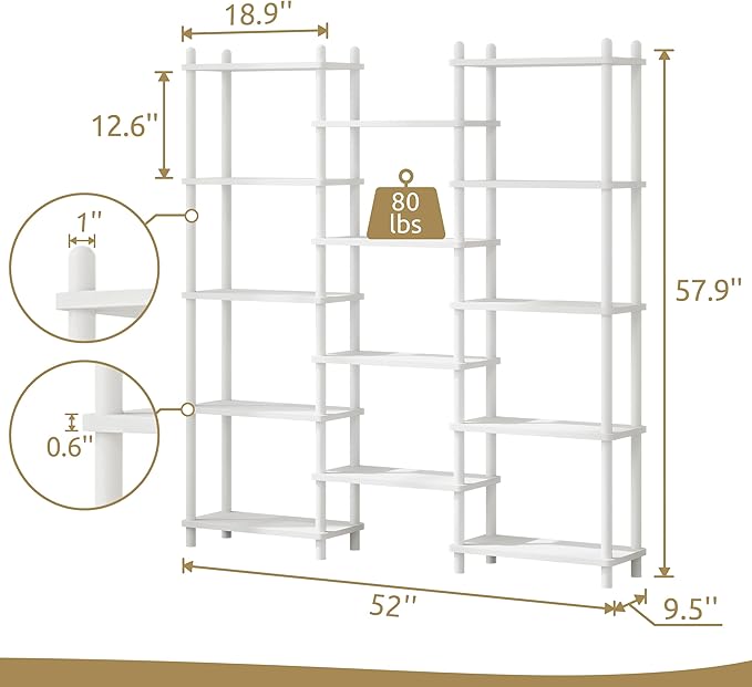 IOTXY Wooden Triple Wide Bookshelf - 5-Tier Large Shelf Bookcase with Solid Beech Frame, Tall Freestanding Open Etagere Display Rack for Home Office, White
