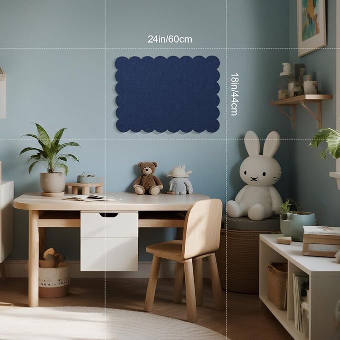 Scalloped Bulletin Board, 24 x 18 Inches Felt Pin Board - Decorative Cork Alternative for Wall, Foldable Picture Self-Adhesive Vision Prayer Board with 20 Pushpins - Dark Blue