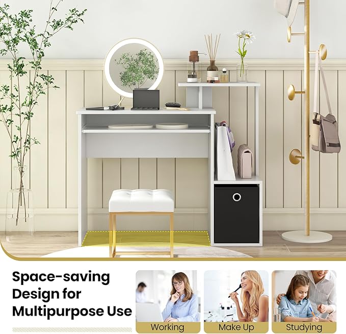 Tangkula Computer Desk with Fabric Drawer & Keyboard Tray, Space-Saving Study Writing Desk with Open Storage Shelves & Printer Stand, Modern Home Office Computer Workstation for Small Spaces (White)