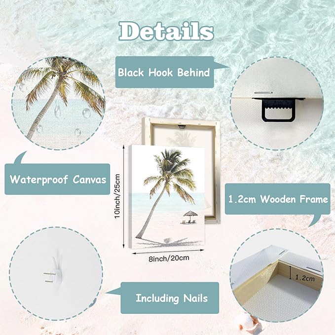 CHDITB Beach Framed Canvas Wall Art, Coastal Palm Tree Artwork, Tropical Ocean Wall Decor, Boho Surfboard Poster, Pink Aesthetic Summer wave Art Prints For Living Room Seaside Cottage Decor 8”X10”x6