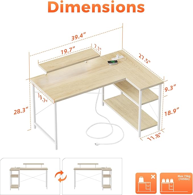Mericonia Small L Shaped Computer Desk with Power Outlets, Reversible Gaming Desk with Storage Shelves & Monitor Stand, Corner Gamer Desk Table, Study Writing Table