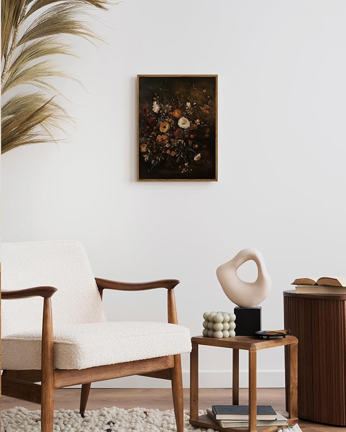 InSimSea Framed Canvas Prints Art Vintage Decor, Classical Fall Wildflower Floral Painting, Rustic Dark Autumn Flower Wall Art for Living Room Bedroom Home Bathroom Wall Decor, 12x16inch