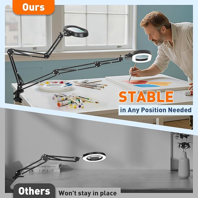 KIRKAS 12X Magnifying Glass with Light Three-axis Rotation, Extra-Long Arm Magnifying Lamp for Workbench Craft Repair, LED Lighted Magnifier Real Glass Lens Overhead Dimming and Color(12X Oval Clamp)