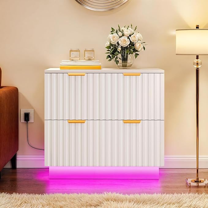 DWVO 2 Drawers File Cabinet with Led Light, Filing Cabinet Large Lateral File Cabinets for Home Office, White