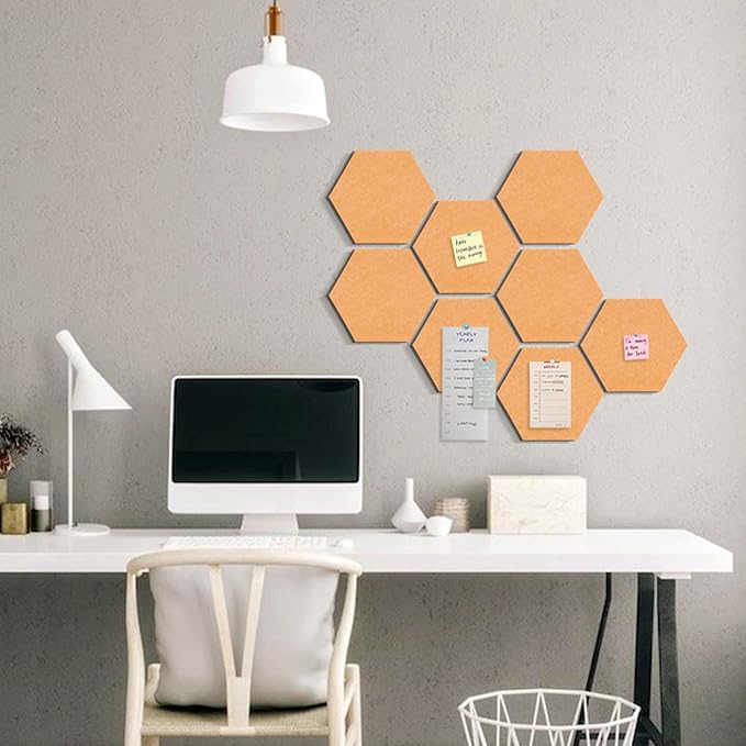 Bulletin Board Hexagon Pin Board 8 Pack, Felt Board Tiles 20 Push Pins Alternative to Cork Board for Wall Damage-Free, Decorative Notice Board Memo Board for Home Office School