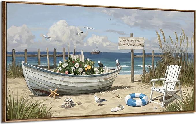amatop Large Framed Coastal Wall Art – Gallery Wrapped Ocean & Nautical Canvas Print, Ready to Hang Beach House Decor with Flower Boat & Seagulls for Living Room, Bedroom & Office (48x24 Inches)
