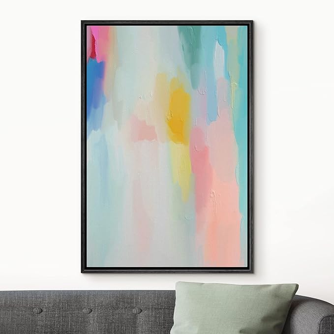 MUDECOR Framed Canvas Print Wall Art Multicolor Pastel Watercolor Collage Abstract Shape Illustrations Modern Art Decorative Bohemian Colorful Chic for Living Room, Bedroom, Office - 24"x36" Black