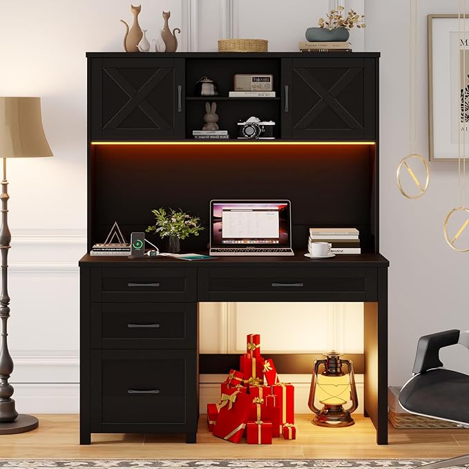Farmhouse 67" H Executive Desk with Hutch,Computer Desk with 4 Drawers and LED light, Office table with Storage Cabinet & File Drawers and Charging Station,Workstation for Home Office and Study, Black